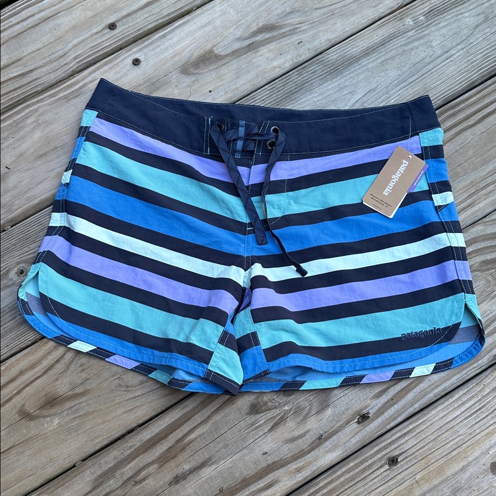 NWT Patagonia Wavefarer Blue Striped Board Shorts Zip-Pocket Tie Front Size 6 - Picture 2 of 9